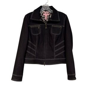 Bandolino Denim Jacket Womens 6 Black Y2K Biker Contrast Stitch Leopard Lining